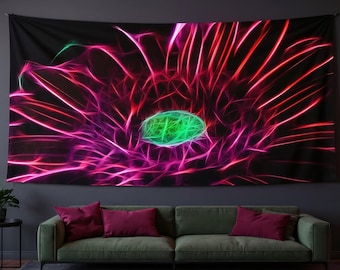 Tapiz abstracto fractal neón / Fondo negro / Resplandor rosa, rojo y verde / Decoración moderna para colgar en la pared 26x36