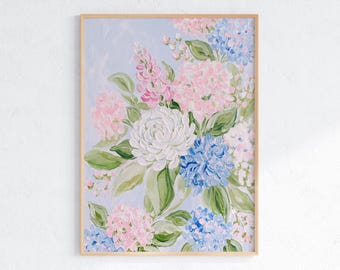 Affiche murale botanique pastel | Peinture d'hortensias roses et bleues | Décoration côtière preppy | Affiche murale florale à imprimer