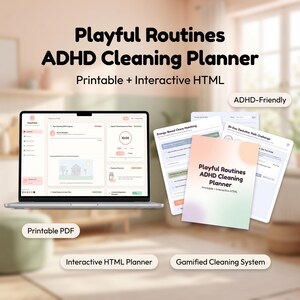 Può includere: Un laptop mostra un'interfaccia di pianificazione delle pulizie con il testo "Playful Routines ADHD Cleaning Planner". I materiali stampabili includono una sfida di decluttering di 30 giorni. Il pianificatore è stampabile e HTML interattivo.