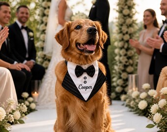 Custom Dog Bandana Tuxedo with Name Embroidery | Personalized Pet Wedding Outfit | Dog Bow Tie Collar for Pet Lovers
