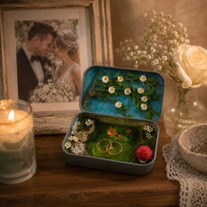 Puede incluir: Caja de anillos de metal abierta con una escena de jardín en miniatura, con dos anillos de boda dorados sobre un lecho de musgo verde. La caja está decorada con pequeñas flores blancas y un pompón rojo. Una foto enmarcada y una vela encendida están en el fondo.
