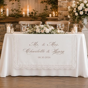 Personalized Wedding Table Runner, Custom Text and Font Color, Lace Sweetheart Table Banner, Bride Groom Reception Decor