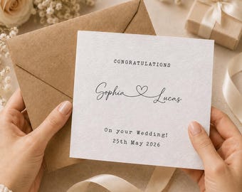 Paquete de 10 tarjetas de boda personalizadas con nombres y fecha.
