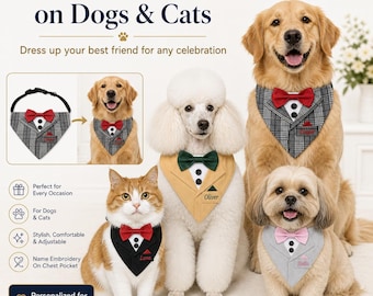 Personalized Dog Tuxedo Bandana – Custom Embroidered Pet Bow Tie for Weddings, Birthday, Party, Small to Large Dogs