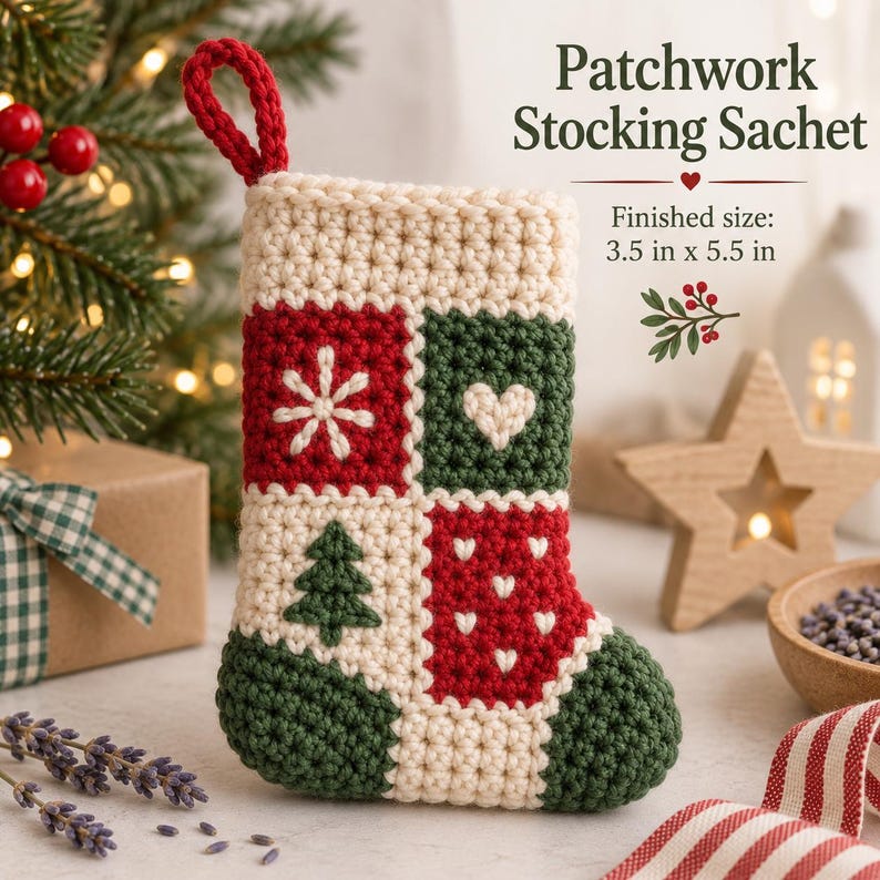 May include: A crochet patchwork stocking sachet with a red hanging loop, featuring cream, red, and dark green squares with embroidered snowflake, heart, and tree motifs. The text reads Patchwork Stocking Sachet and Finished size: 8.9 cm x 14 cm.