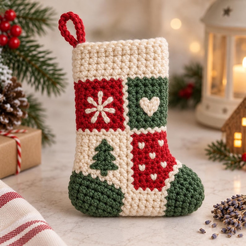 May include: A crocheted Christmas stocking featuring a patchwork design with cream, red, and dark green yarn. The pattern includes a white snowflake, a white heart, a green pine tree, and small white hearts on a red background with a loop.