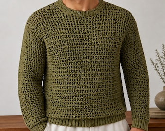 Men’s Open Mesh Crochet Sweater Pattern PDF, Beginner Friendly Mens Crochet Jumper, Olive Green Mesh Pullover, Digital Crochet Pattern