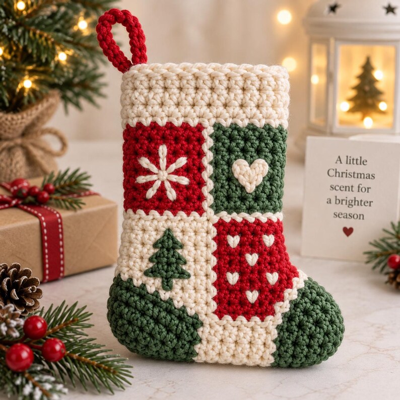 May include: A crochet Christmas stocking featuring a patchwork design in cream, red, and dark green. The stocking displays embroidered motifs including a white snowflake, a cream heart, a green pine tree, and small white hearts on a red background.