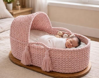 Patrón de moisés de ganchillo en PDF, patrón de cuna de bebé de ganchillo, cesta de cordón de algodón para principiantes, tutorial de cesta infantil con capucha.
