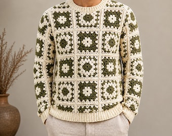 Häkelmuster Oma Quadrat, digitaler Download PDF, anfängerfreundlich, gehäkelte Strickjacke, Pullover mit Blumenmotiv