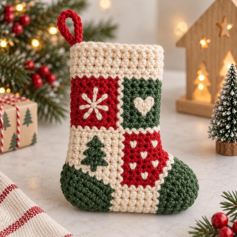 May include: A crocheted Christmas stocking featuring a patchwork design in cream, red, and dark green. The pattern includes squares with a white snowflake, a white heart, and a dark green pine tree, along with a red section with small white hearts.