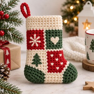 May include: A crochet Christmas stocking featuring a patchwork design of cream, red, and dark green squares. The pattern includes embroidered white snowflakes, hearts, and a green pine tree. It has a matching red crochet loop for hanging.
