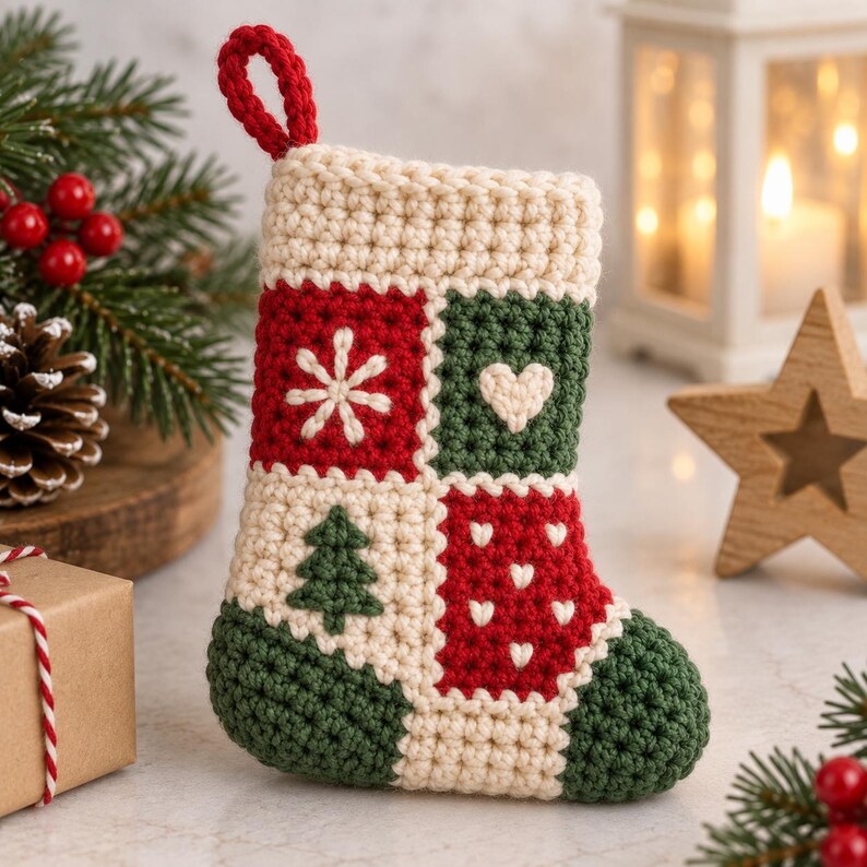 May include: A crochet Christmas stocking featuring a patchwork design of cream, red, and dark green squares. The squares display embroidered motifs including a white snowflake, a white heart, a green pine tree, and small white hearts on red.