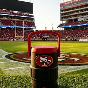 Puede incluir: Un enfriador de agua negro y rojo con el logotipo de los 49ers de San Francisco, un asa y un grifo. El enfriador est&aacute; en un campo verde con el logotipo de los 49ers y el estadio Levi's al fondo.