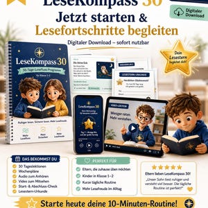Op de afbeelding: Promotieafbeelding voor "LeseKompass 30", een leesprogramma voor kinderen. De afbeelding toont een boek, smartphone en tablet met de inhoud van het programma. Tekst omvat "Digitale download" en "30-Tage-Lesefluss-Programm".