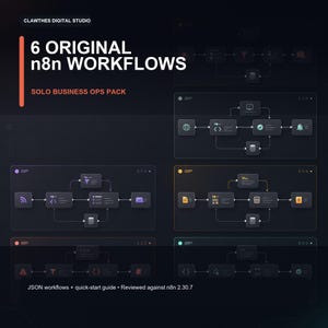 May include: A digital product display featuring 6 ORIGINAL n8n WORKFLOWS SOLO BUSINESS OPS PACK. The graphic shows six distinct dark-themed flowcharts with nodes, icons, and connecting lines, including text stating JSON workflows + quick-start guide.
