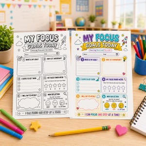 Peut inclure: Deux feuilles de travail pour objectifs intitulées My Focus Goals Today. L'une est en noir et blanc, l'autre est colorée, avec des sections pour les objectifs, les étapes, les compteurs de puissance et les réflexions, incluant des icônes de fusée.