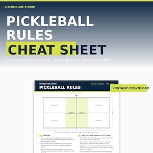Könnte beinhalten: Ein druckbares Pickleball-Regel-Cheat-Sheet mit einem Spielfelddiagramm und wichtigen Regeln. Der Titel "PICKLEBALL RULES CHEAT SHEET" steht in großen weißen Buchstaben auf blauem und gelbem Hintergrund. Enthält den Text "INSTANT DOWNLOAD".