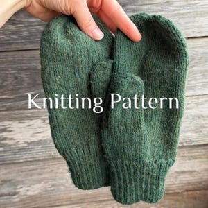 May include: A pair of forest green knitted mittens. The mittens are held up by a hand, and the text "Knitting Pattern" is displayed in white across the image. The mittens have a ribbed cuff and a textured knit.