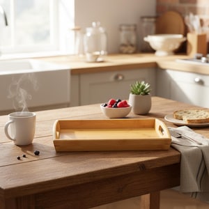 Puede incluir: Una bandeja rectangular de bambú con asas sobre una mesa de madera. Una taza blanca con vapor, un cuenco con bayas y una pequeña planta suculenta también están sobre la mesa. Se ve una rebanada de pan y un tenedor.