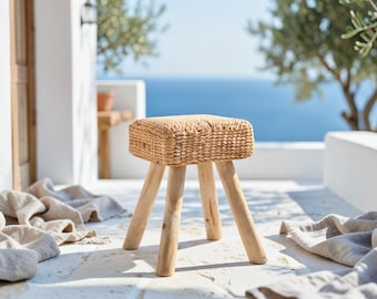 Sgabello/pouf Bodrum in teak e intrecciato – 30 x 30 cm