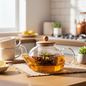 Puede incluir: Una tetera de vidrio transparente con tapa de madera e infusor de acero inoxidable, llena de té de hierbas. La tetera está sobre un salvamanteles tejido en una encimera de madera, con tazas y una rodaja de limón. Ambiente de cocina luminoso.