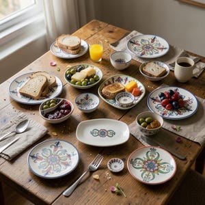 Puede incluir: Una mesa de madera con varios platos, cuencos y fuentes. La vajilla presenta un diseño floral con detalles azules, verdes y rojos. La mesa está puesta con alimentos, como pan, fruta, aceitunas y queso.