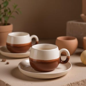 May include: Two ceramic coffee cups with matching saucers. The cups are white with a brown band around the middle and a brown handle. The saucers are a light beige colour. The cups are filled with a dark liquid.