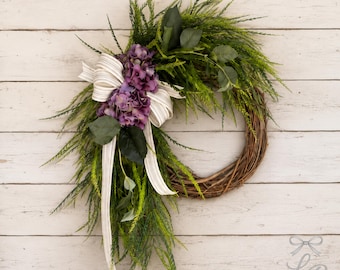 Purple Hydrangea Grapevine Wreath, Spring Summer Front Door Wreath, Greenery Wreath with Bow, Farmhouse Door Decor, Everyday Wreath