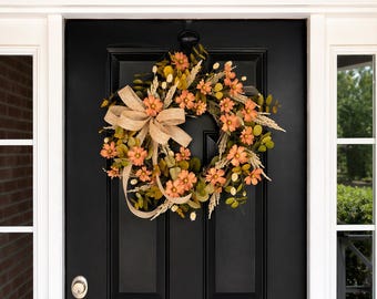 Neutrale boerderijkrans met bloemen, dagelijks welkomstdeurdecor, jutestrikcadeau
