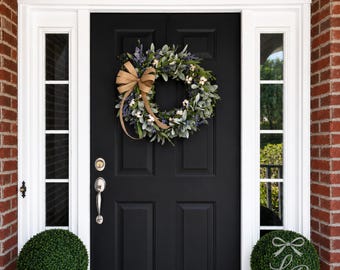 Lamb's Ear Cotton Wreath, Farmhouse Front Door Wreath, Blue Wildflower Wreath, Everyday Wreath, Neutral Burlap Bow Wreath, Year Round Decor