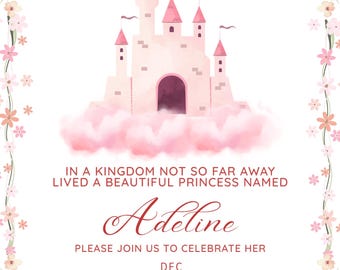 Convite de Aniversário de Princesa de Conto de Fadas | Modelo Editável no Canva | Convite para Festa em Castelo Encantado | Download Digital