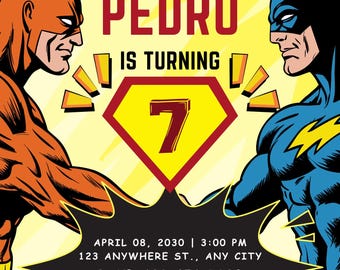 Convite de Aniversário com Tema de Super-Heróis | Modelo Editável no Canva | Convite para Festa de Super-Heróis | Download Digital Instantâneo