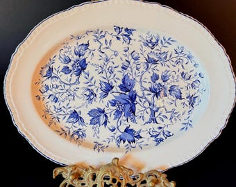 Vintage Wood & Sons Williamsburg Blue Transferware Oval Serving Platter English Ironstone Floral Serving Plate Burslem England