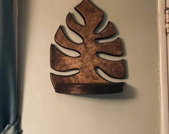 Drewniana półka ścienna w kształcie liścia, dekoracja ścienna w stylu boho, mała wisząca półka, półka ścienna z roślinami, rustykalna półka ścienna