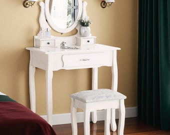Witte make-uptafel met spiegel en krukje Elegant make-uptafeltje met lade slaapkamer make-upset