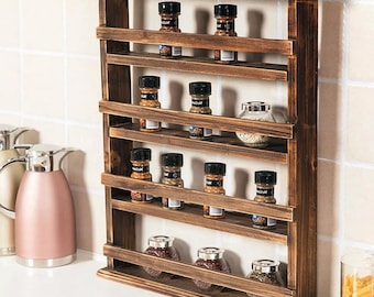 Estante de especias de madera para pared, de 4 niveles, estilo rústico, organizador de especias, estante flotante para almacenamiento en la cocina.
