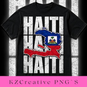 May include: Black t-shirt with the word "HAITI" in large, distressed white letters. The Haitian flag is displayed in the center, with a blue and red outline of the country. The shirt has a crew neck and short sleeves.