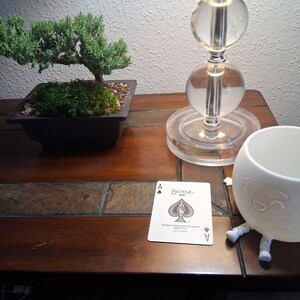 May include: A still life arrangement featuring a bonsai tree in a dark square pot, a clear glass lamp, a white ceramic planter with a face design, and a Bicycle playing card with the Ace of Spades.