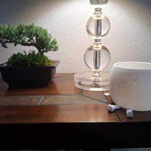 May include: A miniature bonsai tree in a black rectangular pot is on a wooden table, beside a white ceramic planter with a smiling face. A clear glass lamp with a round base is also on the table.