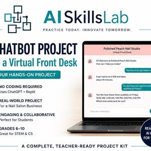 Puede incluir: Un anuncio de un proyecto de chatbot de IA para estudiantes. La imagen muestra una computadora portátil que muestra una interfaz de recepción virtual para un salón de manicura. El proyecto es un proyecto práctico de 4 horas que utiliza ChatGPT y Replit.