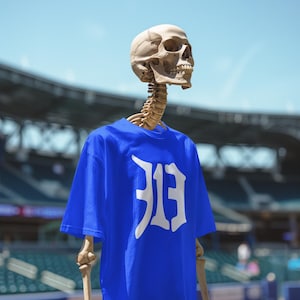 Puede incluir: Una camiseta azul con el número "313" en blanco, usada por un esqueleto. La imagen está tomada al aire libre, con un estadio de béisbol al fondo. El cielo es azul y la hierba es verde.
