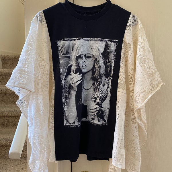 STEVIE NICKS tee with Vintage lace tablecloth poncho