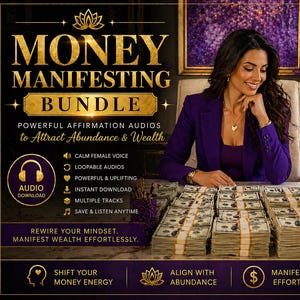 May include: A digital product advertisement titled MONEY MANIFESTING BUNDLE featuring text about powerful affirmation audios to attract abundance and wealth, instant downloads, and loopable tracks, alongside a person in a purple blazer with stacks of cash.