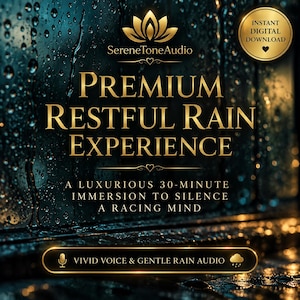 May include: A digital download graphic featuring the text Premium Restful Rain Experience, A Luxurious 30-Minute Immersion To Silence A Racing Mind, and Vivid Voice & Gentle Rain Audio. The background shows a dark, rainy window with gold accents.