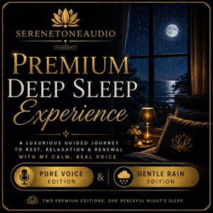 May include: A digital graphic for Serenetoneaudio Premium Deep Sleep Experience featuring gold text on a black background. It shows a bedroom window view of a moonlit ocean at night, a bedside lamp, and two audio edition buttons for voice and rain.