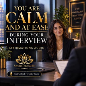 Pode incluir: Um produto de áudio digital com o texto YOU ARE CALM AND AT EASE DURING YOUR INTERVIEW AFFIRMATIONS AUDIO. Uma pessoa de blazer preto sentada a uma mesa com um logótipo de lótus dourado, o texto SereneToneAudio e Calm Real Female Voice.