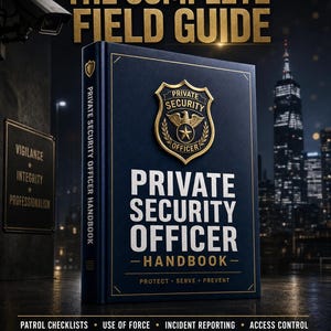 Może przedstawiać: Granatowa "Private Security Officer Handbook" ze złotymi literami i złotym godłem. Okładka książki głosi "The Complete Field Guide". Dodatkowy tekst to "Protect, Serve, Prevent" i "Instant Download".