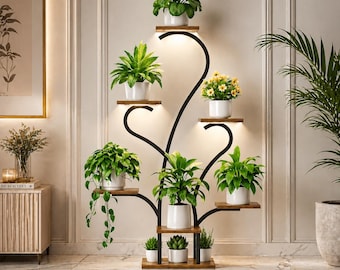 Soporte para plantas de 7 niveles con luz de cultivo, estante para plantas de interior con LED, estante alto para plantas para la decoración de sala de estar, balcón y jardín.