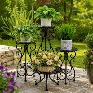 May include: Four black wrought iron plant stands of different heights, each with a circular top. They display potted plants and a basket of roses, creating a decorative garden feature. The stands have ornate, scrolled legs.